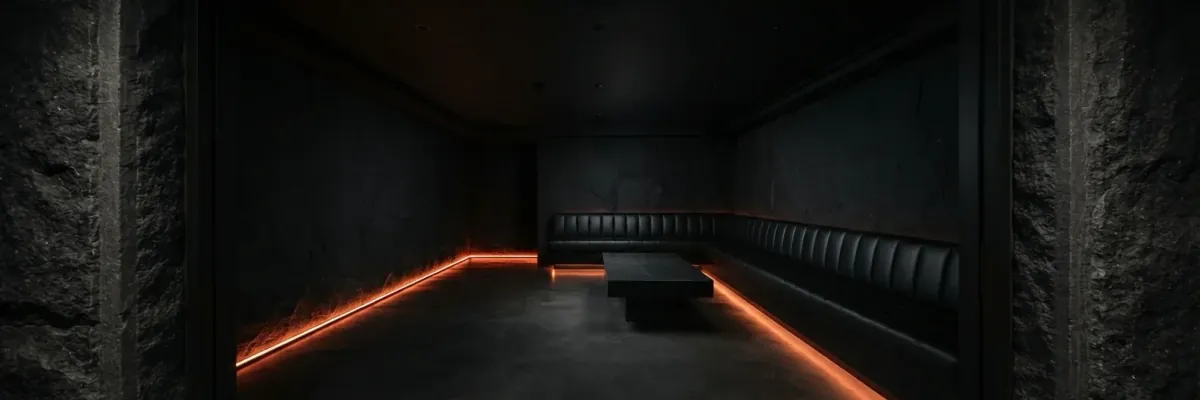 A room with dark stone walls, a vermilion light strip along the floor, a black leather banquette and a low stone table