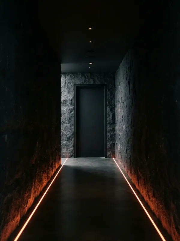 A corridor with vermilion floor strips leading to a plain black door